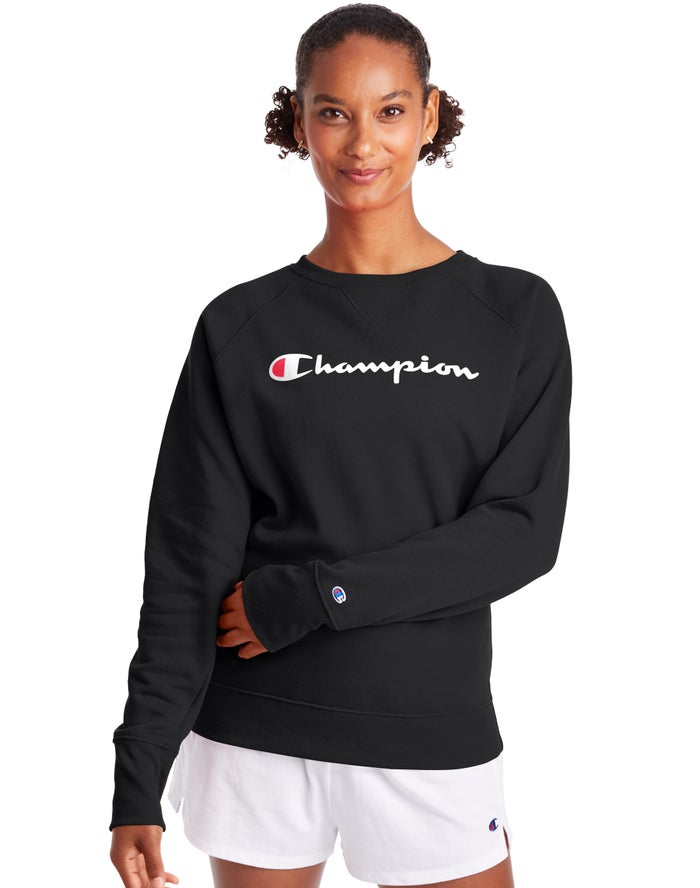 Champion Dame Sweatshirt Sort - Powerblend Fleece Classic Crew Script Logo - Danmark AQX-063279